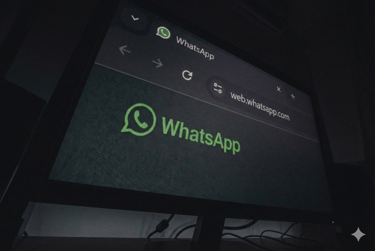A low-angle photograph of a computer monitor in a dark room, displaying the WhatsApp Web login page in dark mode with the green WhatsApp logo and web.whatsapp.com address visible.